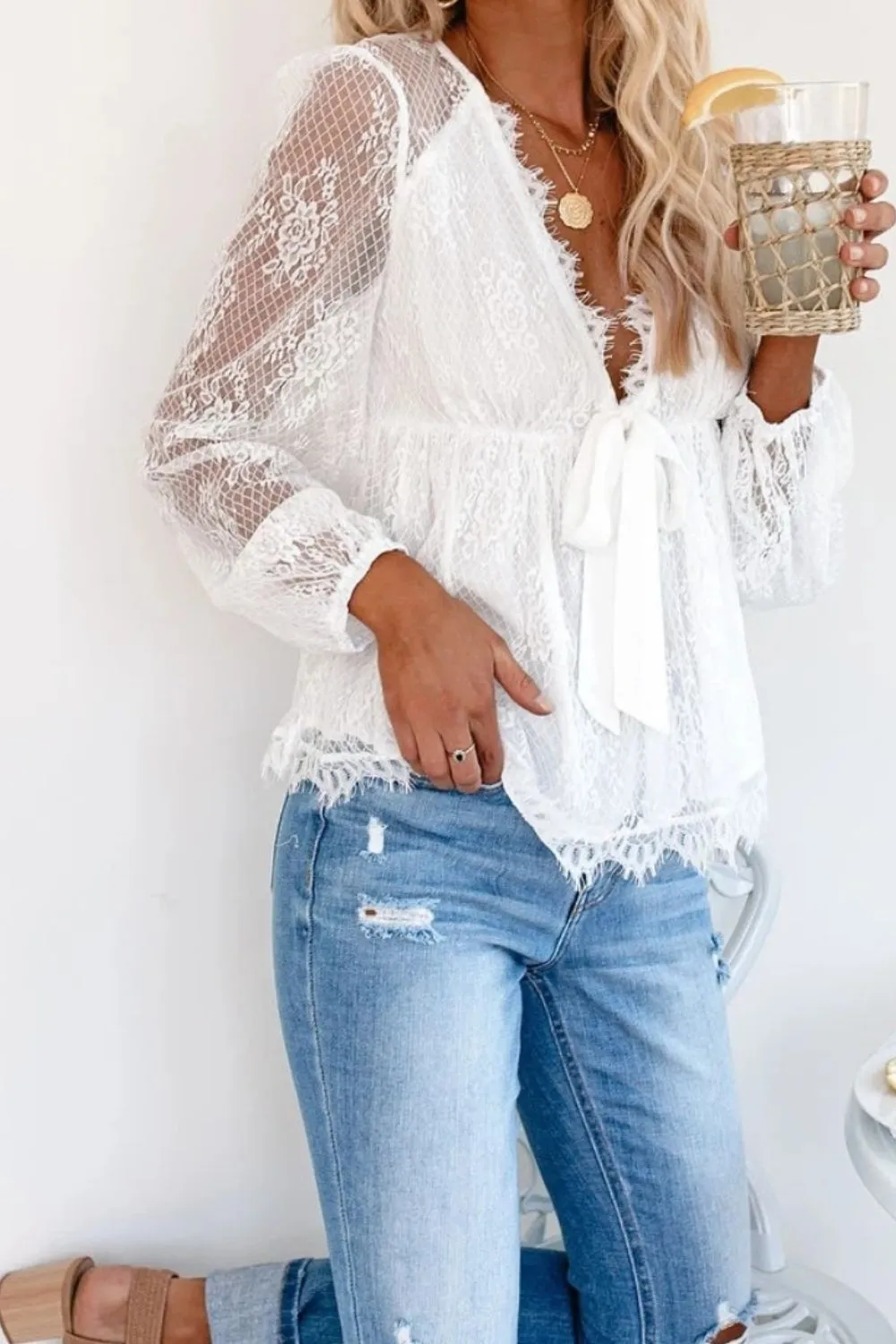 TEEK - Lace Plunge Long Sleeve Blouse
