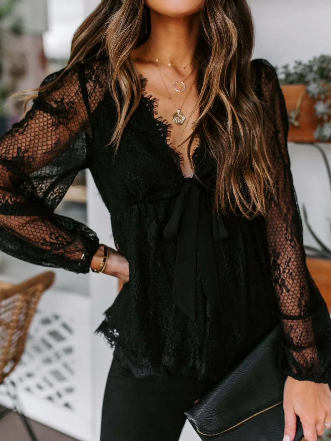 TEEK - Lace Plunge Long Sleeve Blouse
