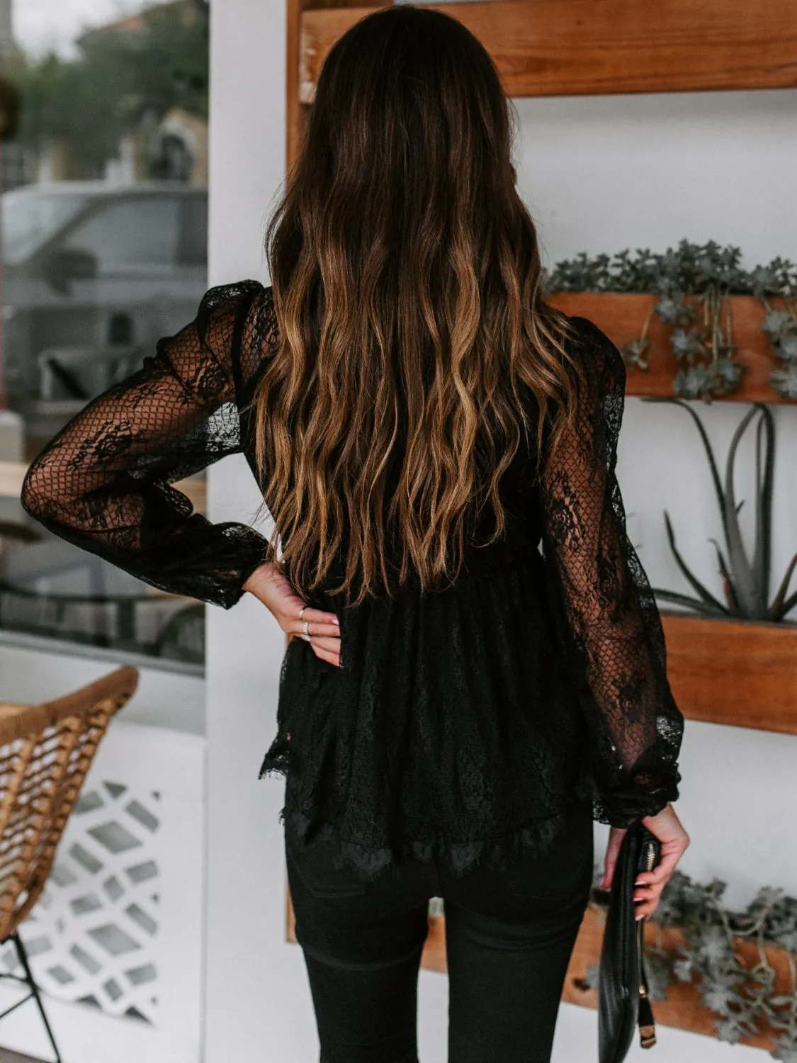TEEK - Lace Plunge Long Sleeve Blouse