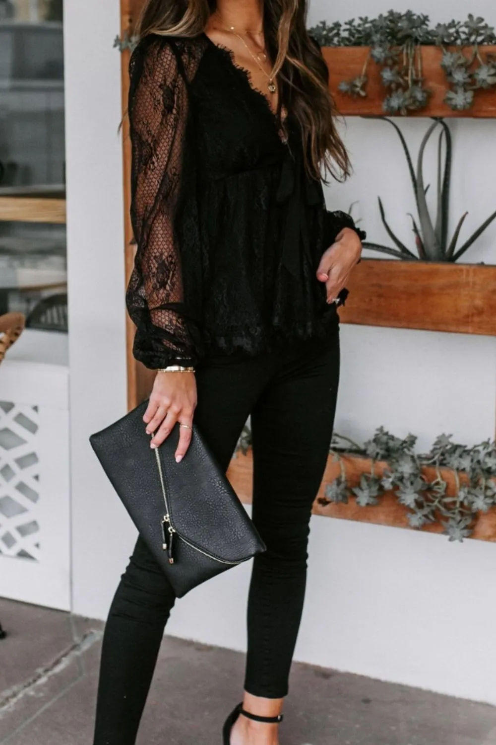 TEEK - Lace Plunge Long Sleeve Blouse