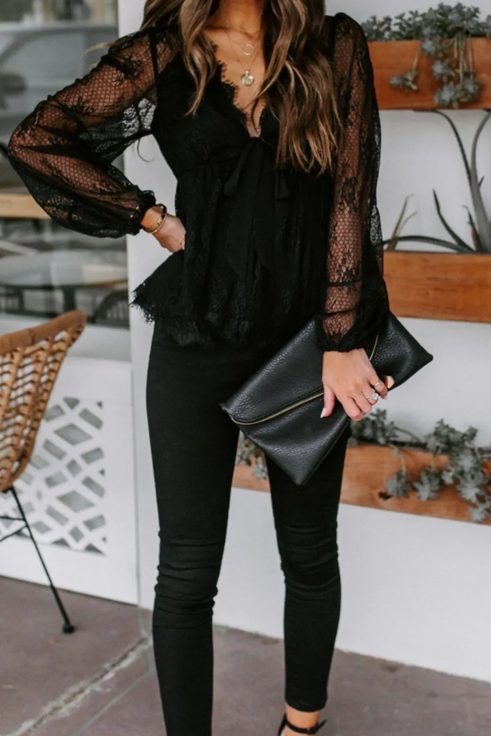 TEEK - Lace Plunge Long Sleeve Blouse