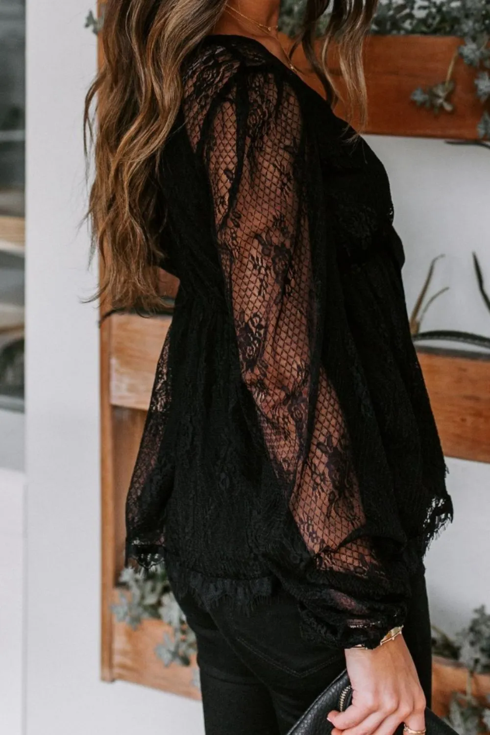 TEEK - Lace Plunge Long Sleeve Blouse