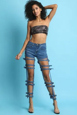 Twofer Buckle Caged High Rise Denim Jeans Shorts