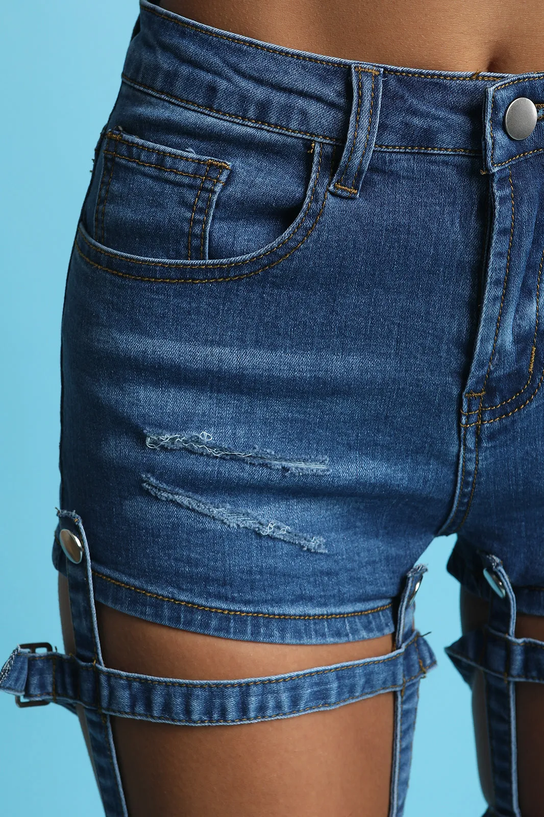 Twofer Buckle Caged High Rise Denim Jeans Shorts