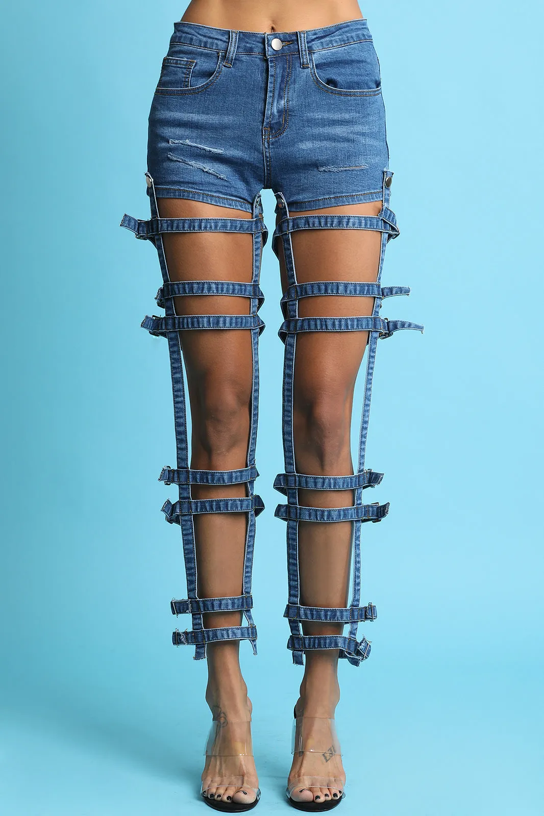 Twofer Buckle Caged High Rise Denim Jeans Shorts