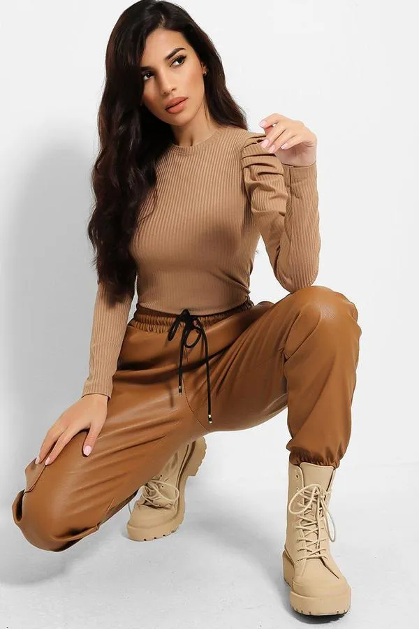 VEGAN LEATHER CAMEL CARGO JOGGERS