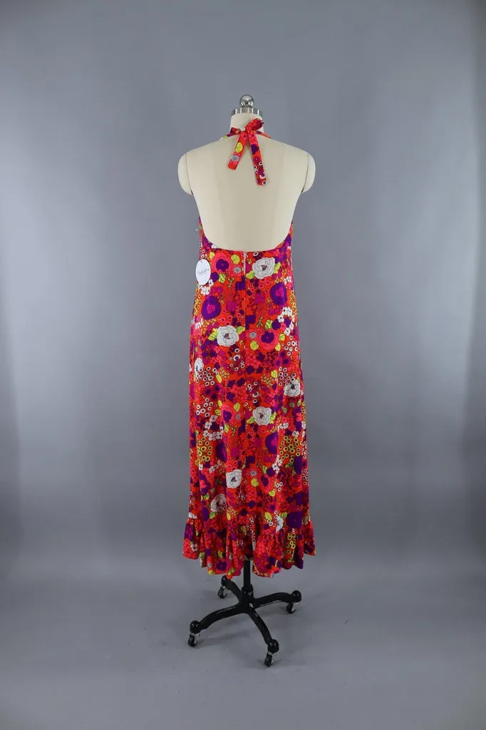 Vintage 1960s Neon Orange and Pink Floral Halter Dress