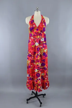 Vintage 1960s Neon Orange and Pink Floral Halter Dress
