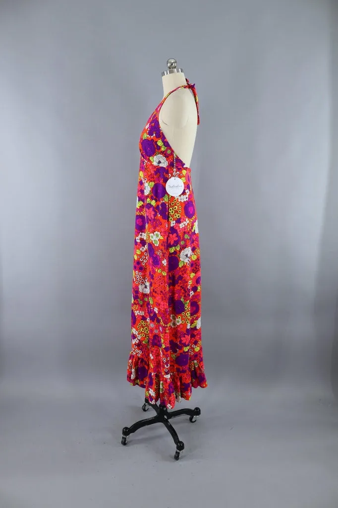 Vintage 1960s Neon Orange and Pink Floral Halter Dress