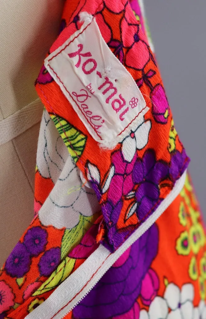 Vintage 1960s Neon Orange and Pink Floral Halter Dress