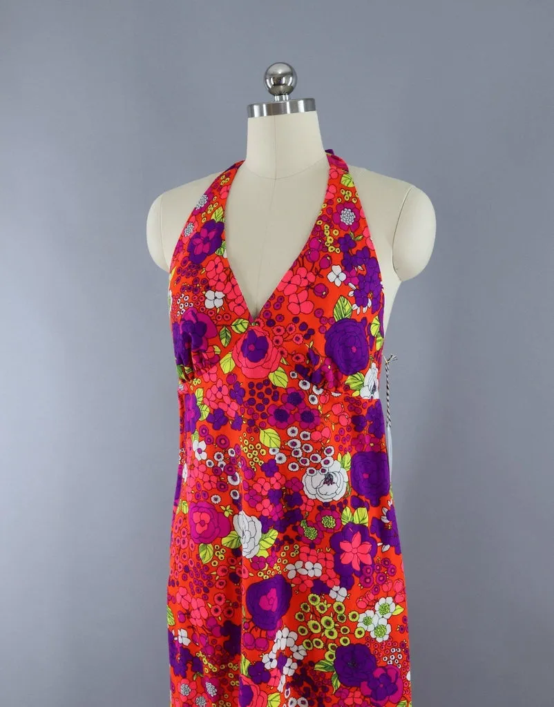 Vintage 1960s Neon Orange and Pink Floral Halter Dress