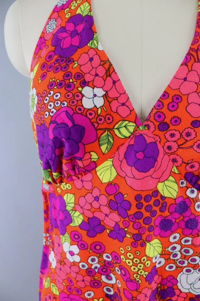 Vintage 1960s Neon Orange and Pink Floral Halter Dress
