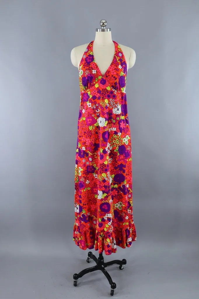 Vintage 1960s Neon Orange and Pink Floral Halter Dress