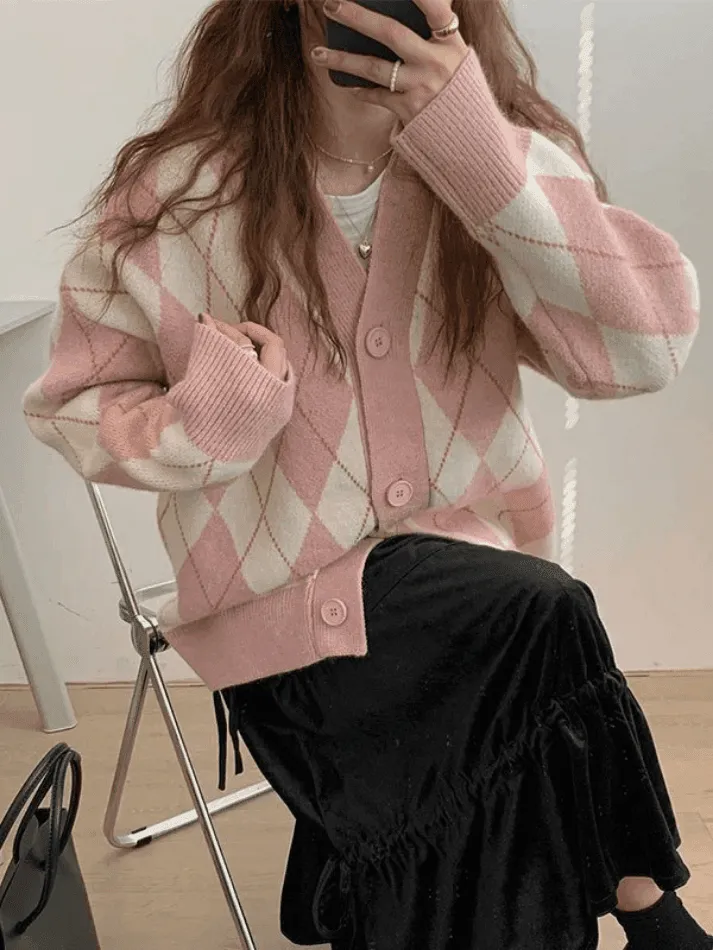 Wenkouban-Spring Casual Outfits Y2K Outfits V Neck Argyle Pattern Knit Cardigan