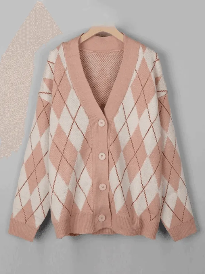 Wenkouban-Spring Casual Outfits Y2K Outfits V Neck Argyle Pattern Knit Cardigan
