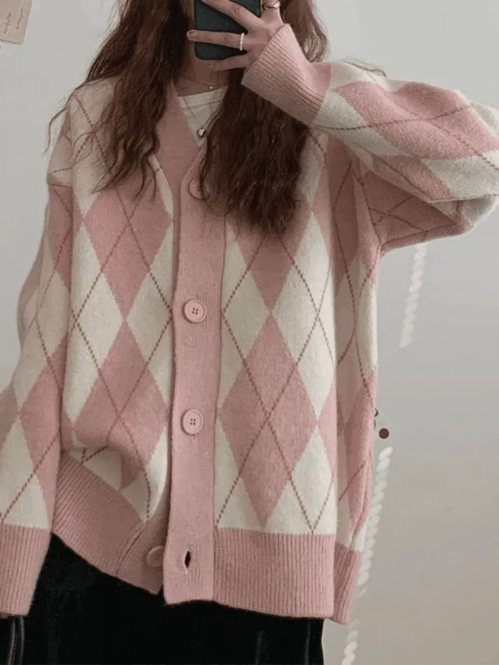 Wenkouban-Spring Casual Outfits Y2K Outfits V Neck Argyle Pattern Knit Cardigan