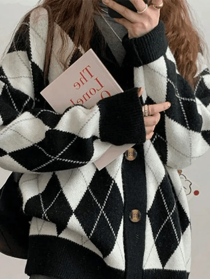 Wenkouban-Spring Casual Outfits Y2K Outfits V Neck Argyle Pattern Knit Cardigan