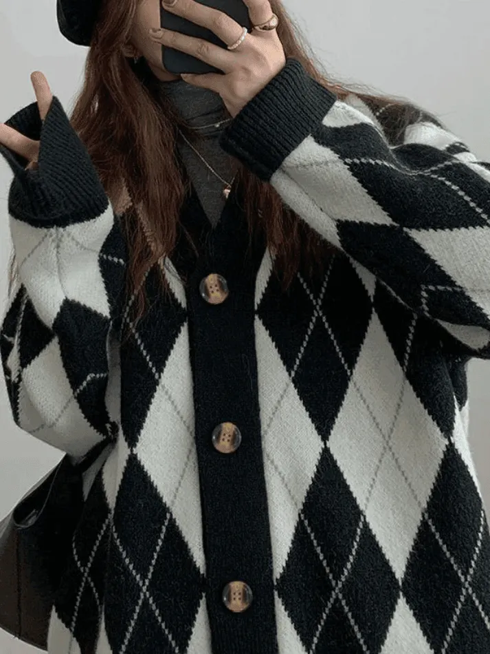 Wenkouban-Spring Casual Outfits Y2K Outfits V Neck Argyle Pattern Knit Cardigan