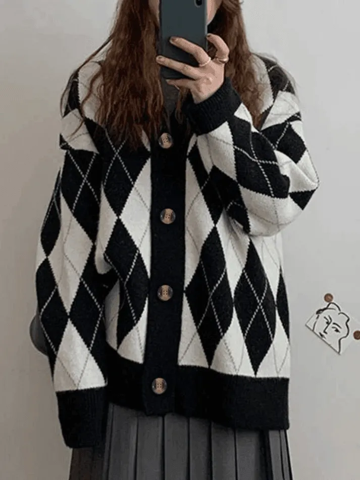 Wenkouban-Spring Casual Outfits Y2K Outfits V Neck Argyle Pattern Knit Cardigan