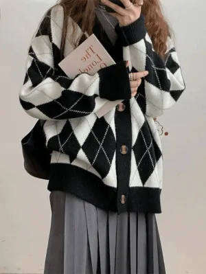 Wenkouban-Spring Casual Outfits Y2K Outfits V Neck Argyle Pattern Knit Cardigan