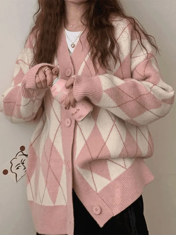 Wenkouban-Spring Casual Outfits Y2K Outfits V Neck Argyle Pattern Knit Cardigan