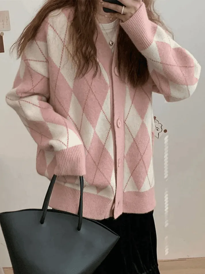 Wenkouban-Spring Casual Outfits Y2K Outfits V Neck Argyle Pattern Knit Cardigan