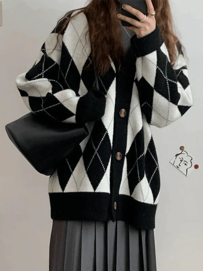 Wenkouban-Spring Casual Outfits Y2K Outfits V Neck Argyle Pattern Knit Cardigan
