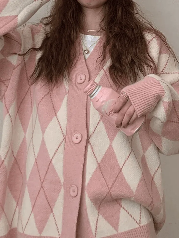 Wenkouban-Spring Casual Outfits Y2K Outfits V Neck Argyle Pattern Knit Cardigan