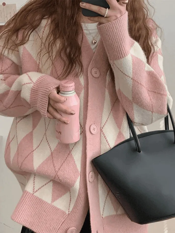 Wenkouban-Spring Casual Outfits Y2K Outfits V Neck Argyle Pattern Knit Cardigan