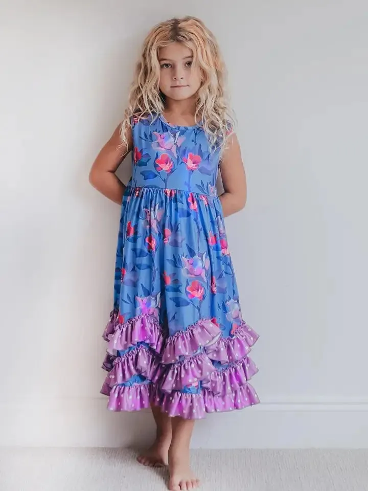 WH Kids Lavender Floral 3 Ruffle Dress
