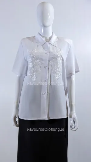 White Collar Button Up Short Sleeve Blouse Top