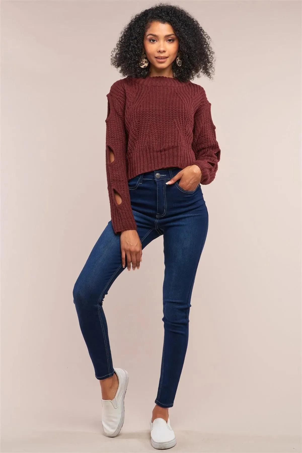 Wine Round Neck Long Cut-Out Detail Sleeve Cable Knit Cropped Sweater /4-2