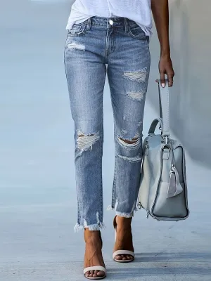 Women's Stretch Ripped Ankle-Length Jeans, Street Style Denim, Frayed Hem, Skinny Fit, Casual Casual - Light Blue Wash