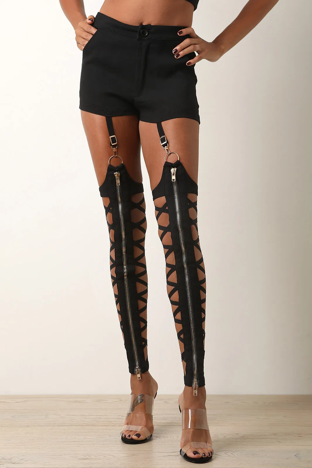 Zipper Lattice Garter Belt Pants
